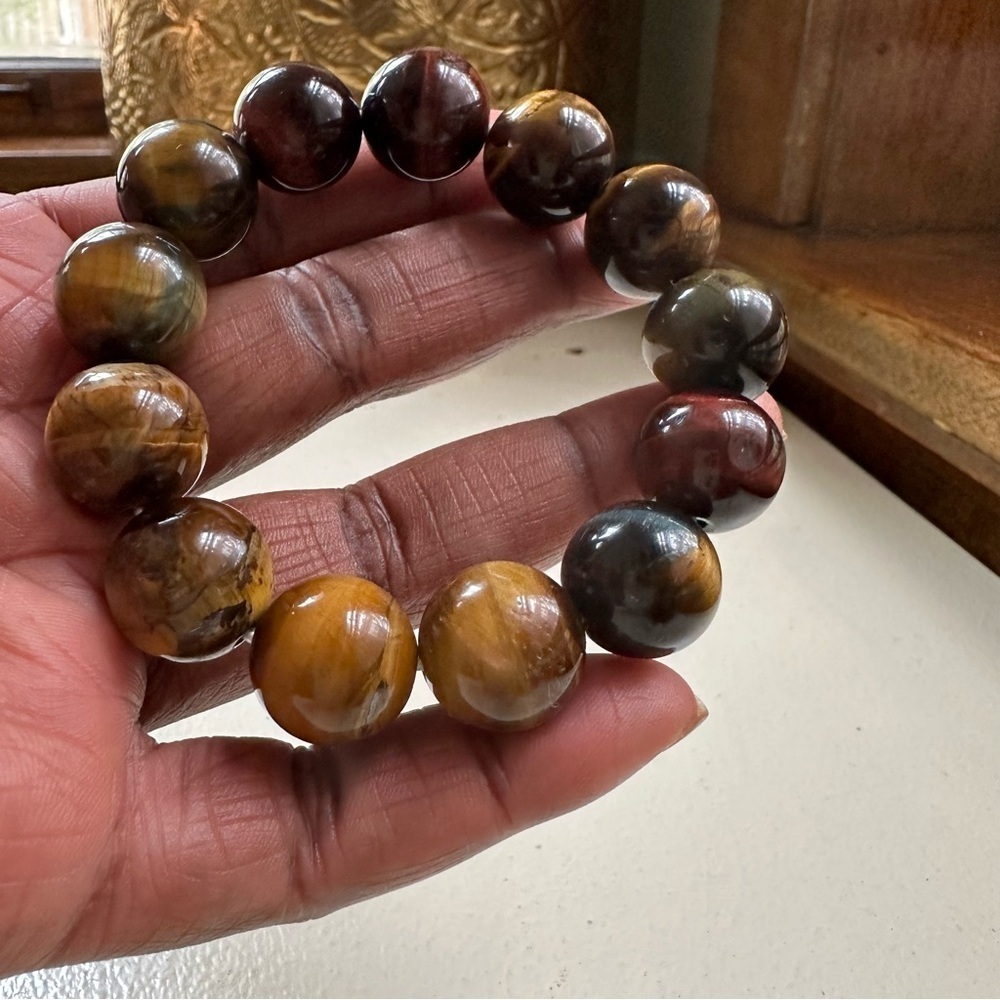 💸SOLD💸Tiger Eye Multicolor 16mm Natural Gemstone Stretchy Bracelet - Picture 6 of 7